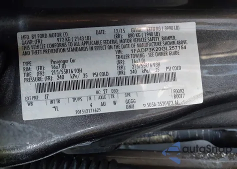 2016 Ford Focus Se from USA, damaged, VIN 1FADP3K20GL257154